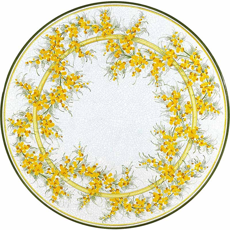 Piano tavolo rotondo dipinto a mano con fiori gialli su fondo bianco