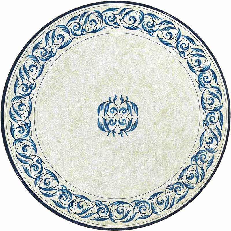 Runde Tischplatte handbemalt mit blauem Verzierungen auf hellem Grund