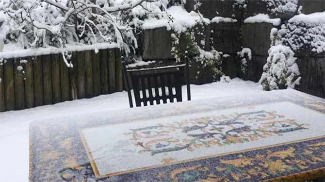 Snow-covered lava table in garden