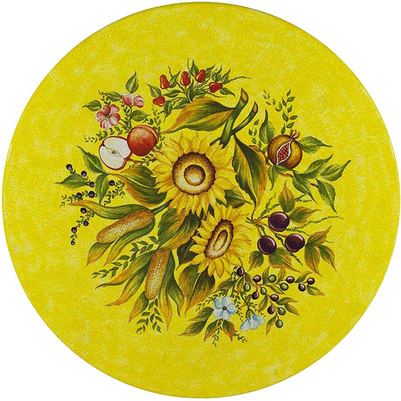 Круглая столешница с ручной росписью подсолнухов и фруктов на желтом фоне