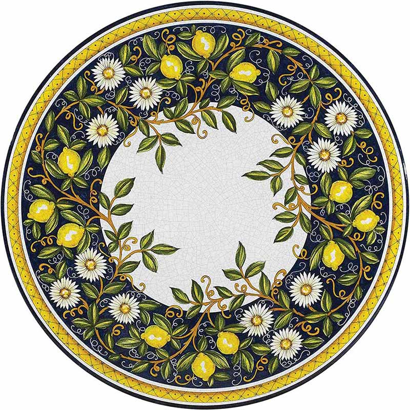 Round colorful table top hand-painted with lemons, flowers and other elements