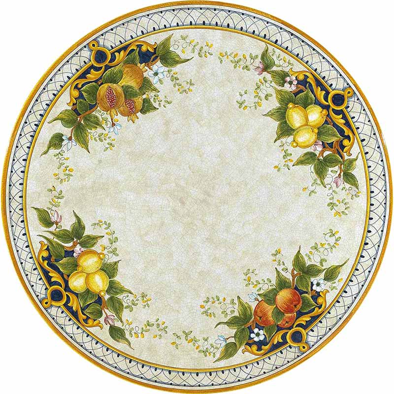 Round table top hand-painted with fruits, leaves and other decorations