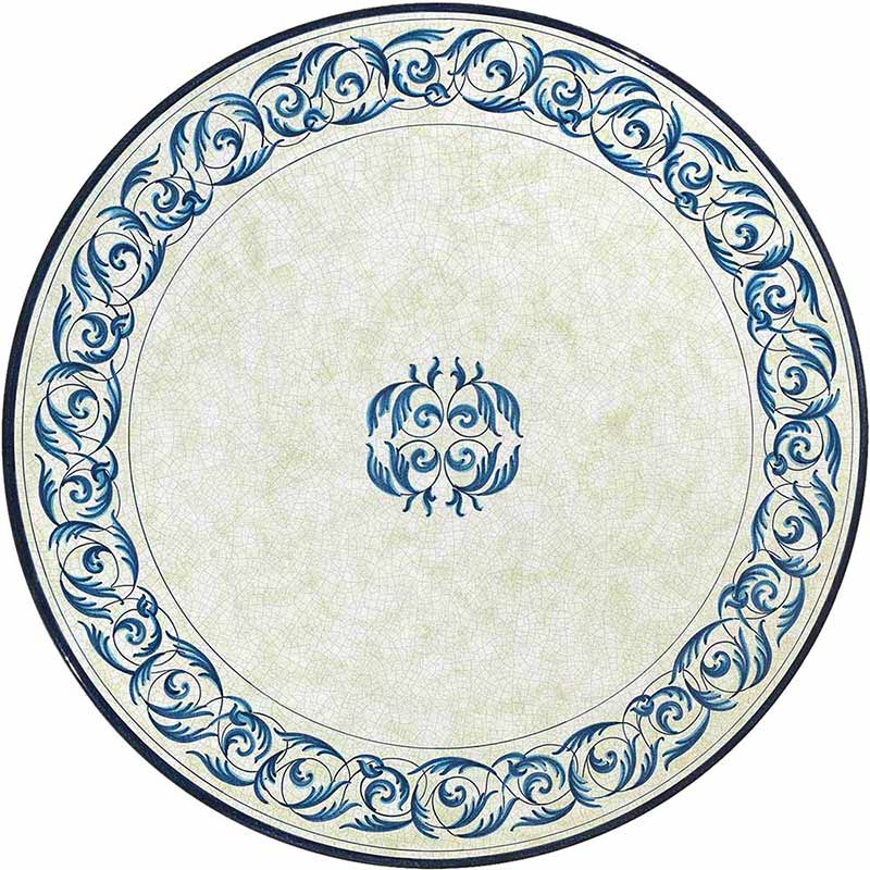 Round table top hand-painted with blue decorations on a light background