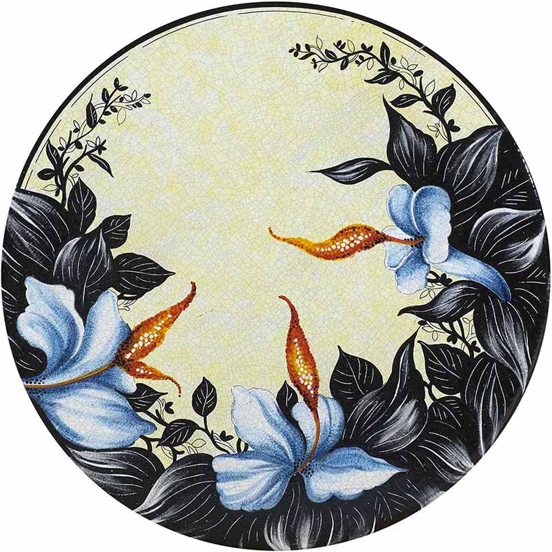 Round table top hand painted with blue orchids and black leaves