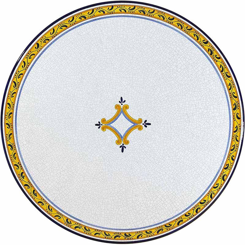 Round table top hand painted with yellow, blue and black elements