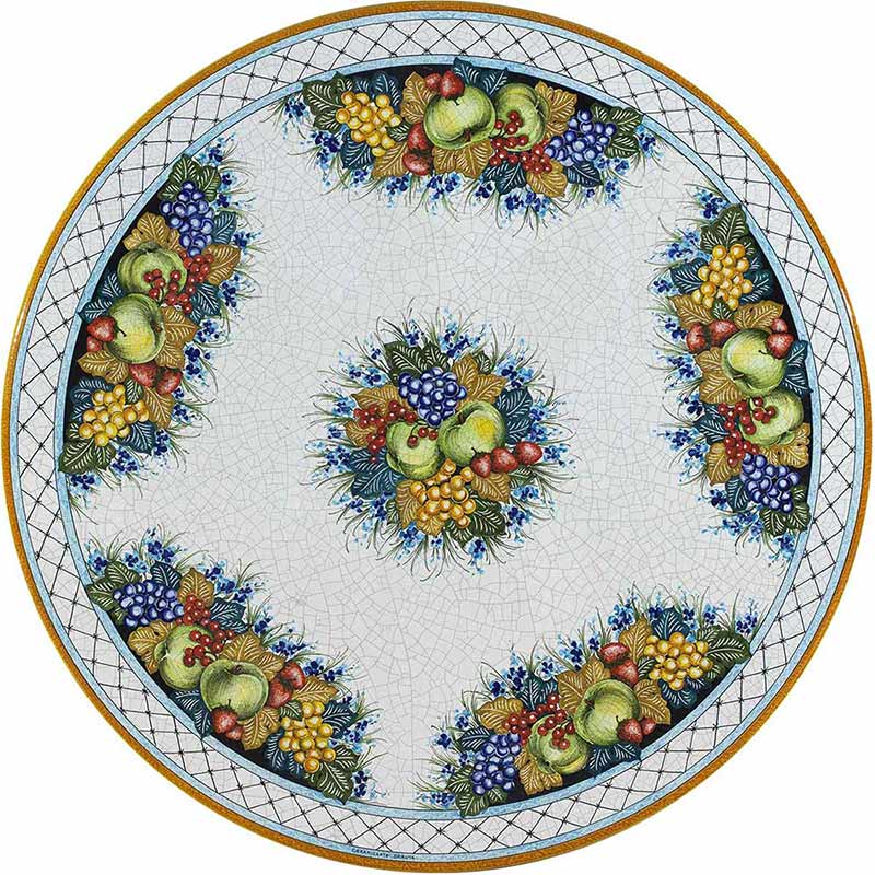 Round table top hand-painted with fruits and other blue decorations