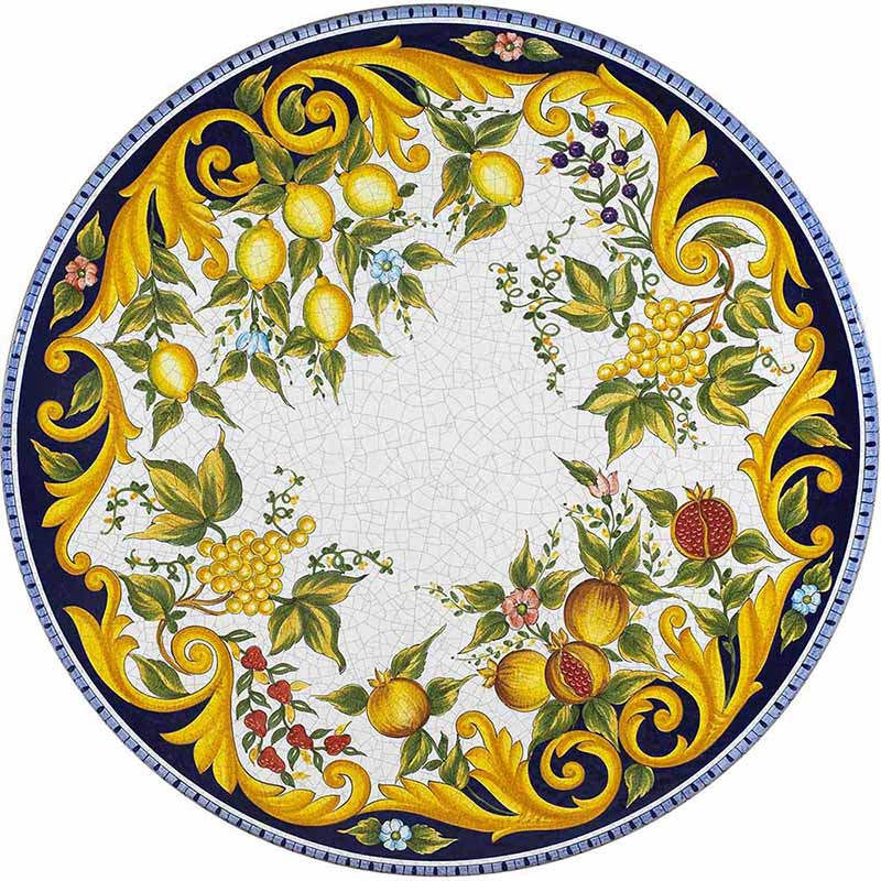 Round table top hand-painted with colorful fruits, leaves and other decorations