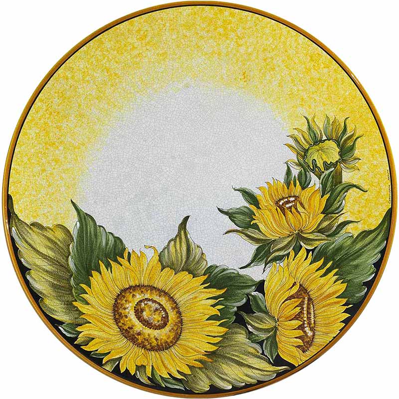 Runde Tischplatte handbemalt mit Sonnenblumen auf gelbem Grund